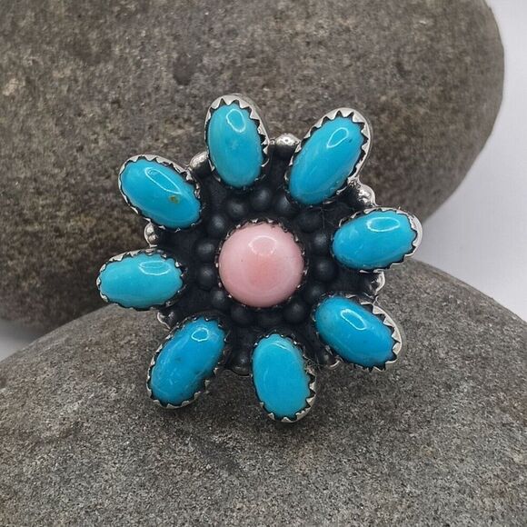 Southwest Style Pink Conch Shell Turquoise Cluster Ring Size 9